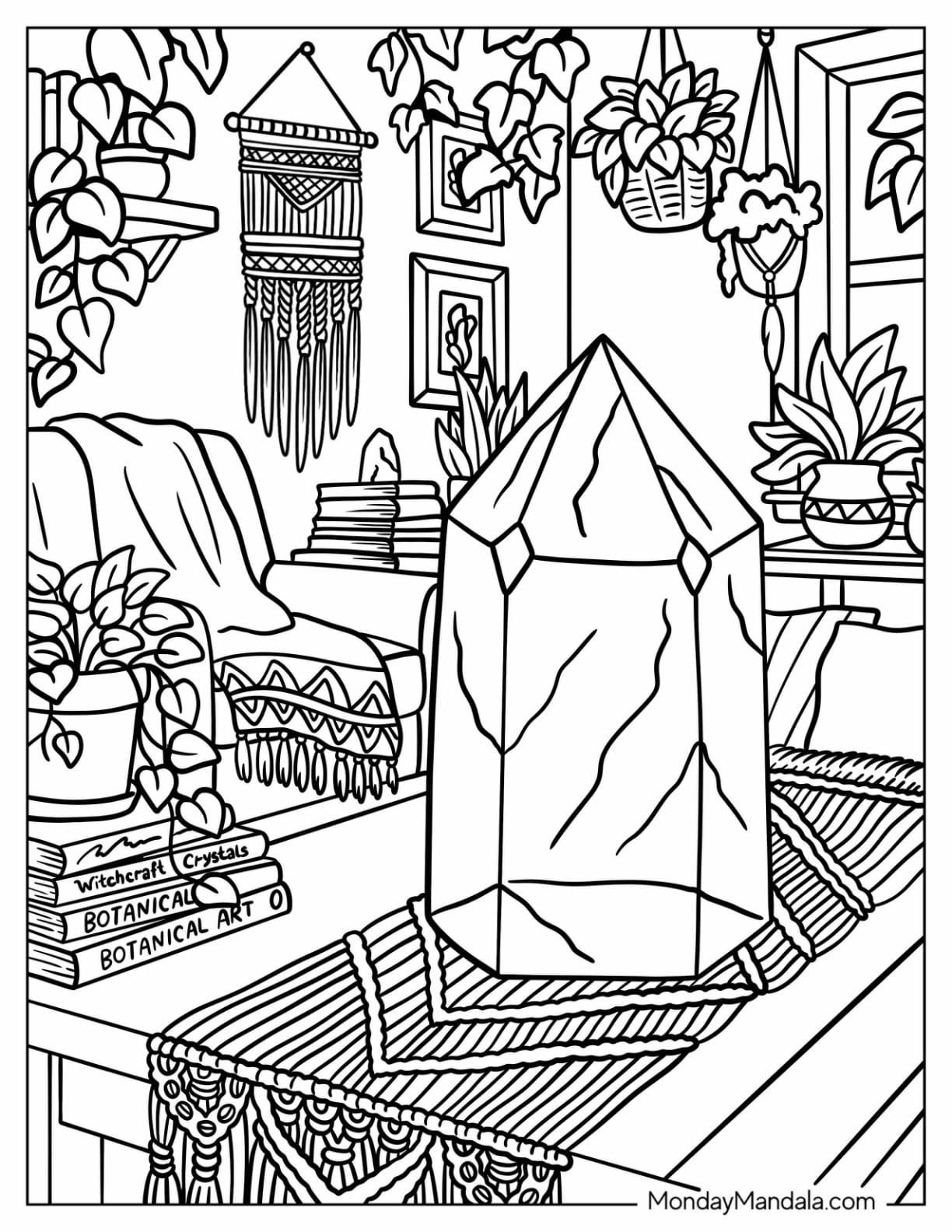 Large Crystal in a Boho Living Room with Hanging Plants Coloring Page
