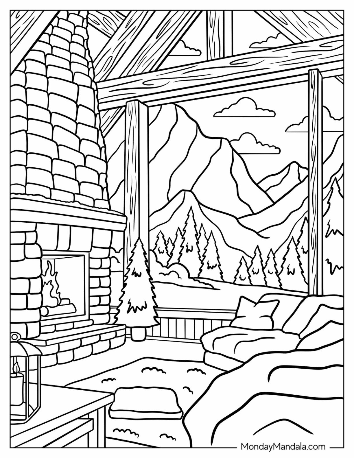 Large Fireplace Coloring Page In An Opulent Living Room With A Mountain View