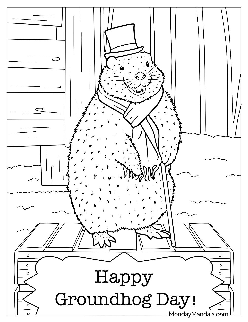 Large Groundhog Day Coloring Page Of Wearing A Scarf And Holding A Cane For Kids