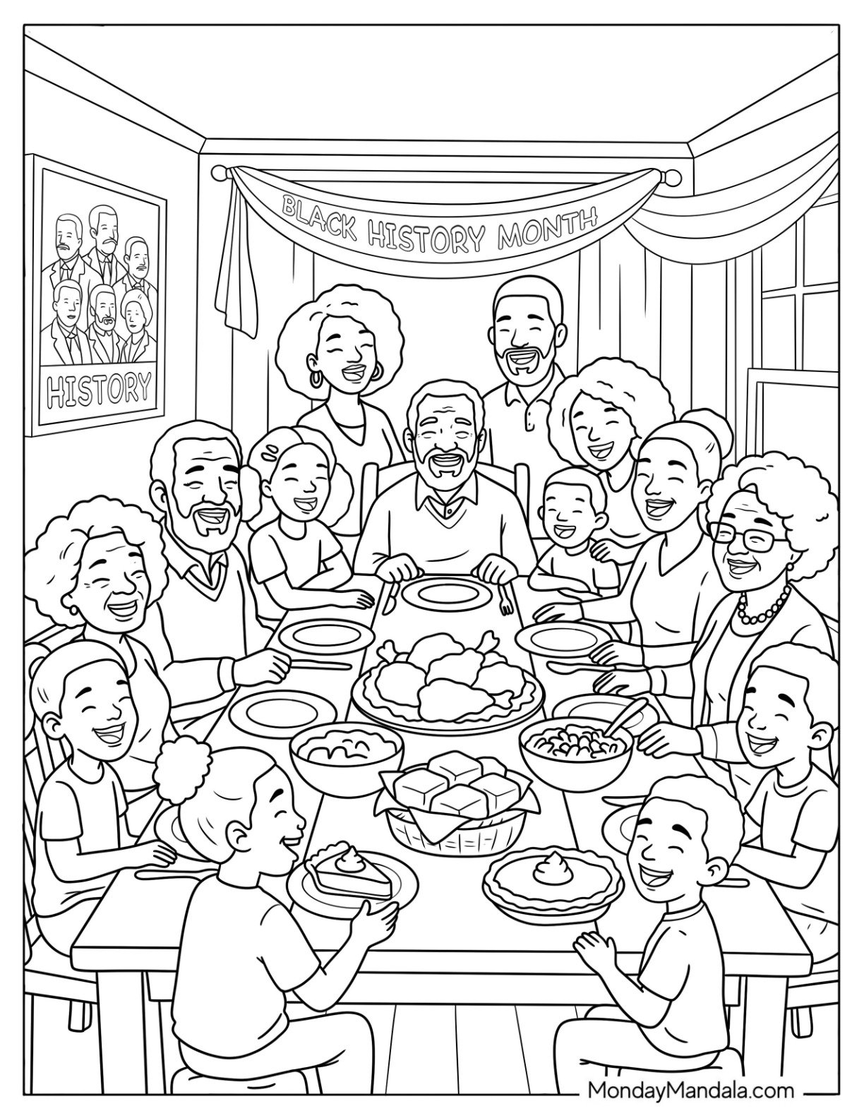 Large Happy Family Feasting on Black History Month Coloring Sheet