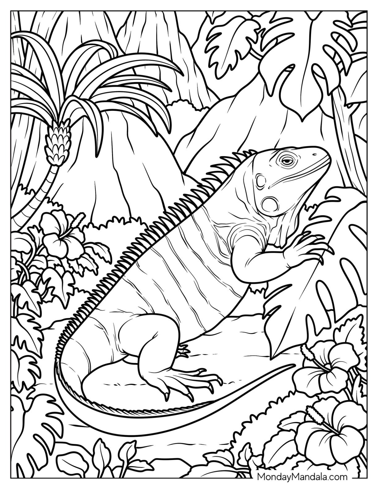 Large Iguana Coloring Page Holding a Leaf in the Jungle