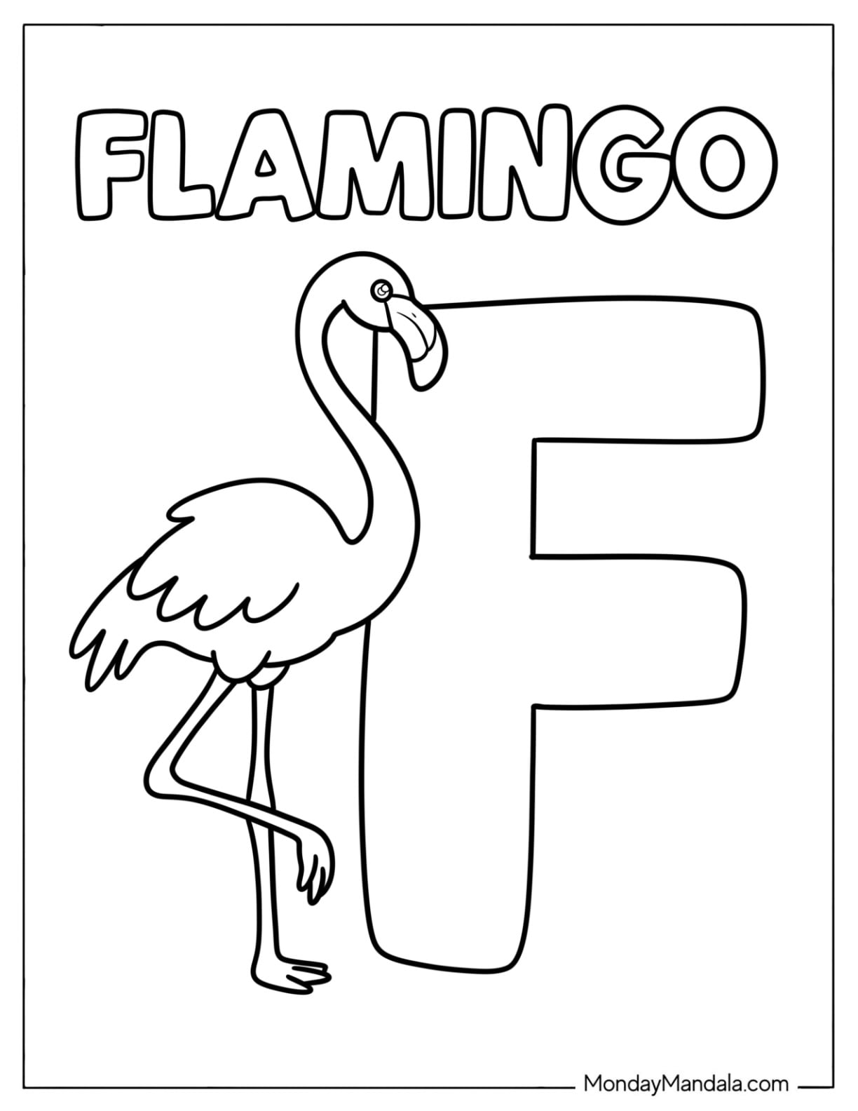Large Letter F Coloring Page With a Standing Flamingo for Kids