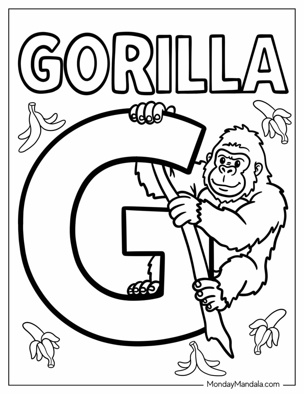 Large Letter G Coloring Page With a Gorilla Holding a Tree Branch and Banana Peels