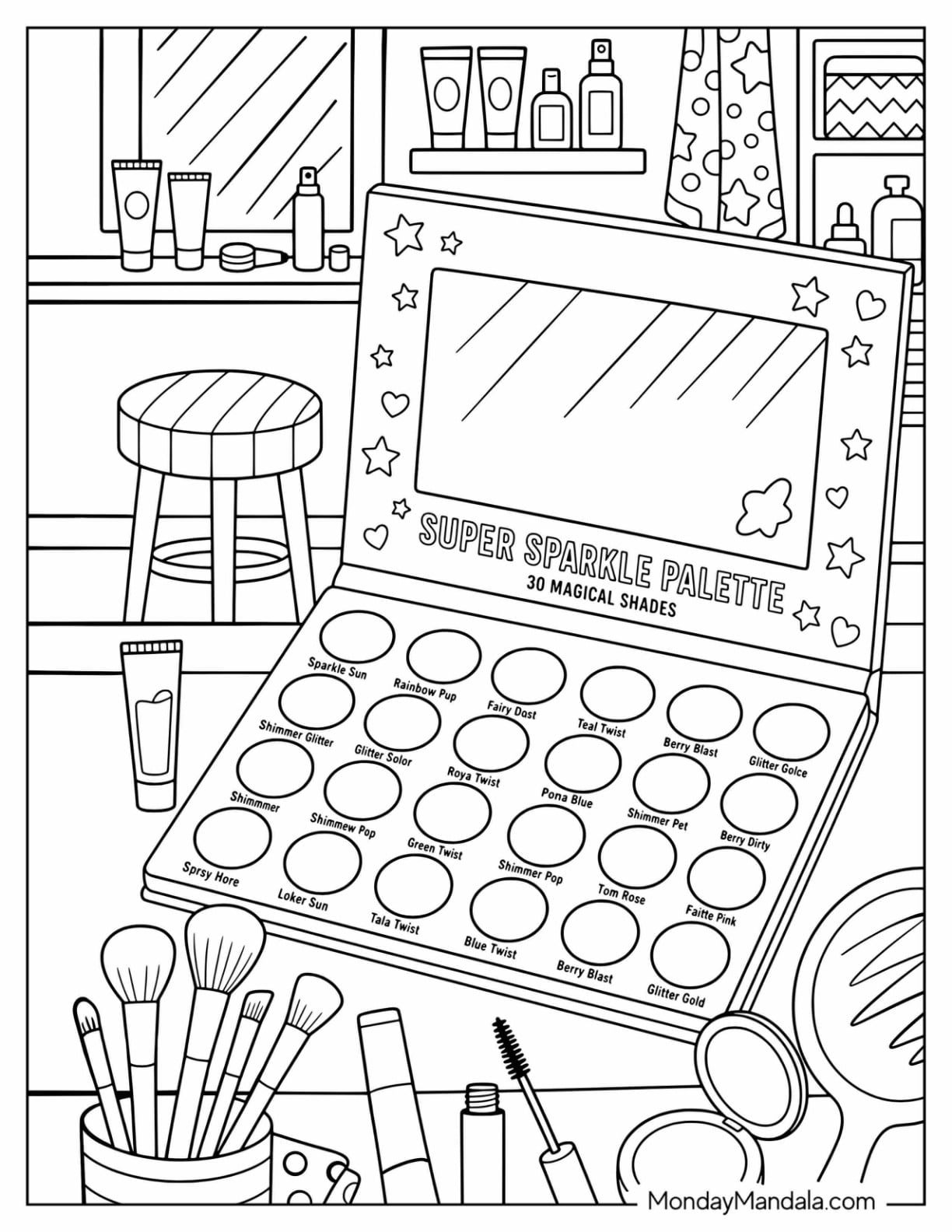 Large Makeup Eyeshadow Palette with Brushes and Cosmetics Coloring Sheet