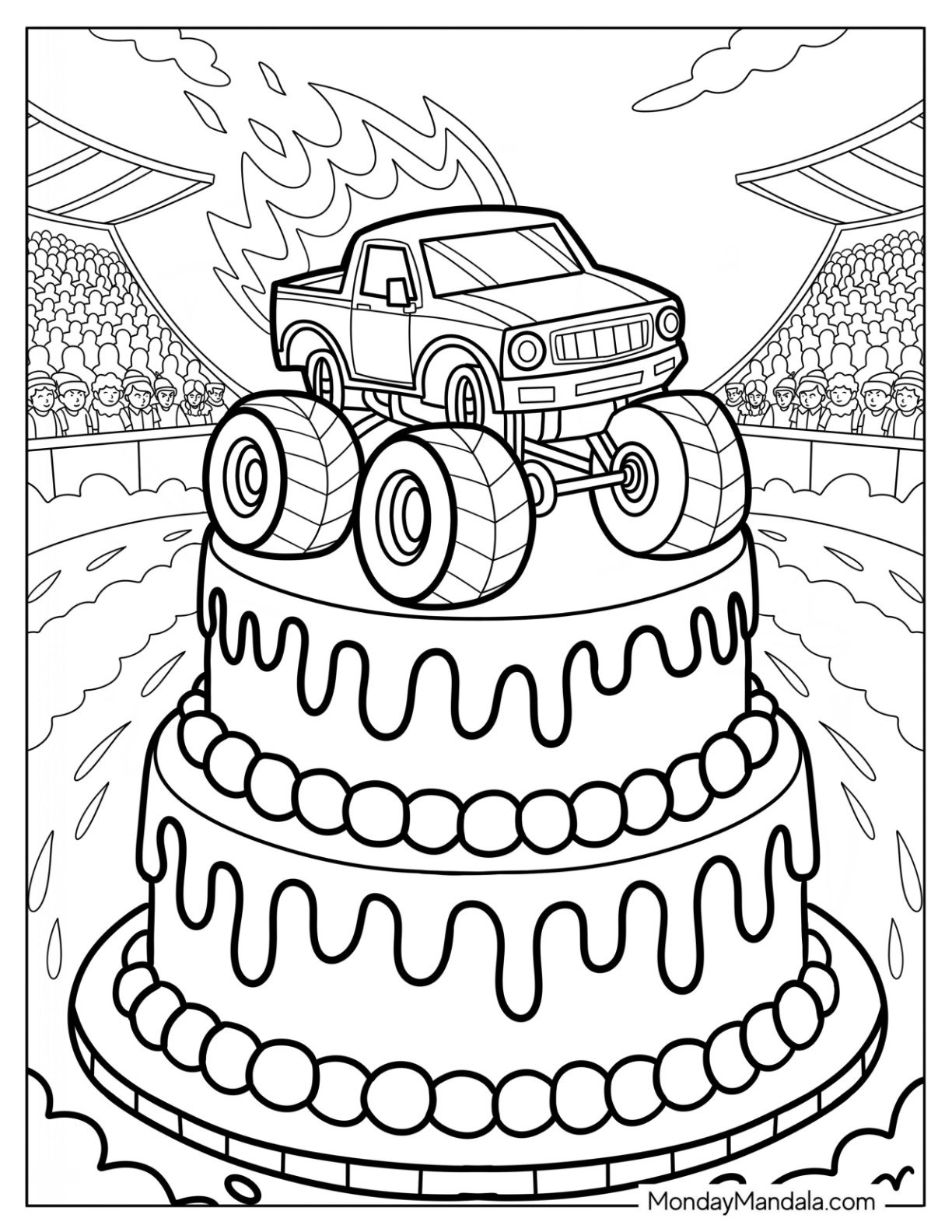 Large Monster Truck Cake Coloring Page in a Stadium