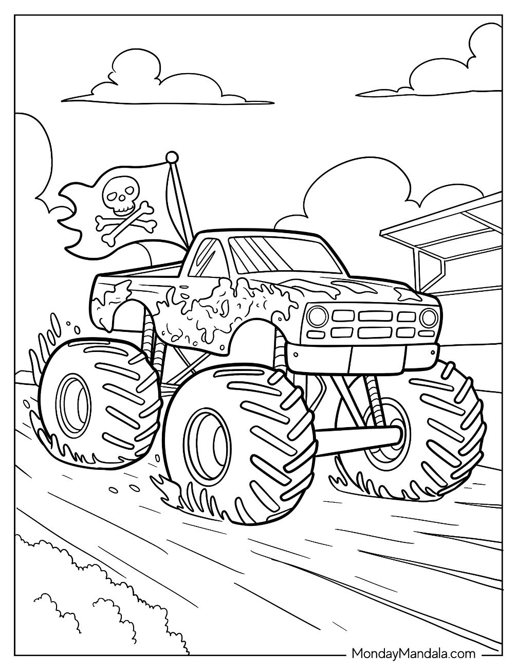 Large Monster Truck Coloring Page With A Pirate Flag