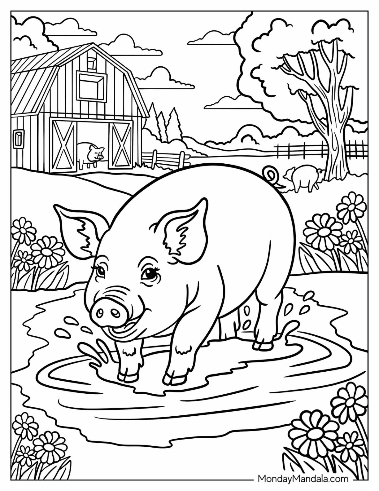 Large Pig Coloring Page Playing in a Muddy Puddle