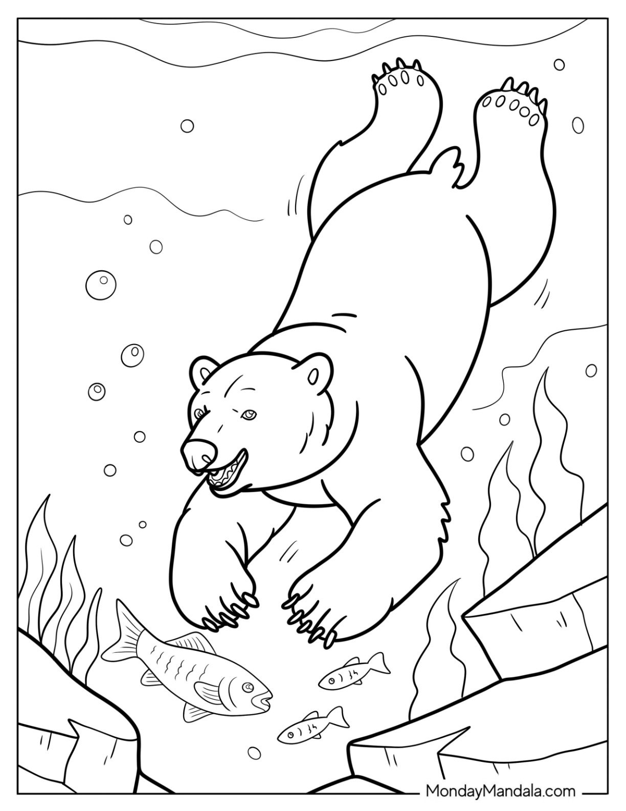 Large Polar Bear Coloring Page Diving Underwater for Fish