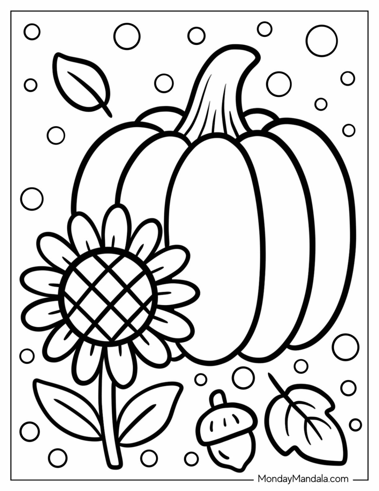 Large Pumpkin with Sunflower and Acorn Fall Coloring Sheet for Preschoolers