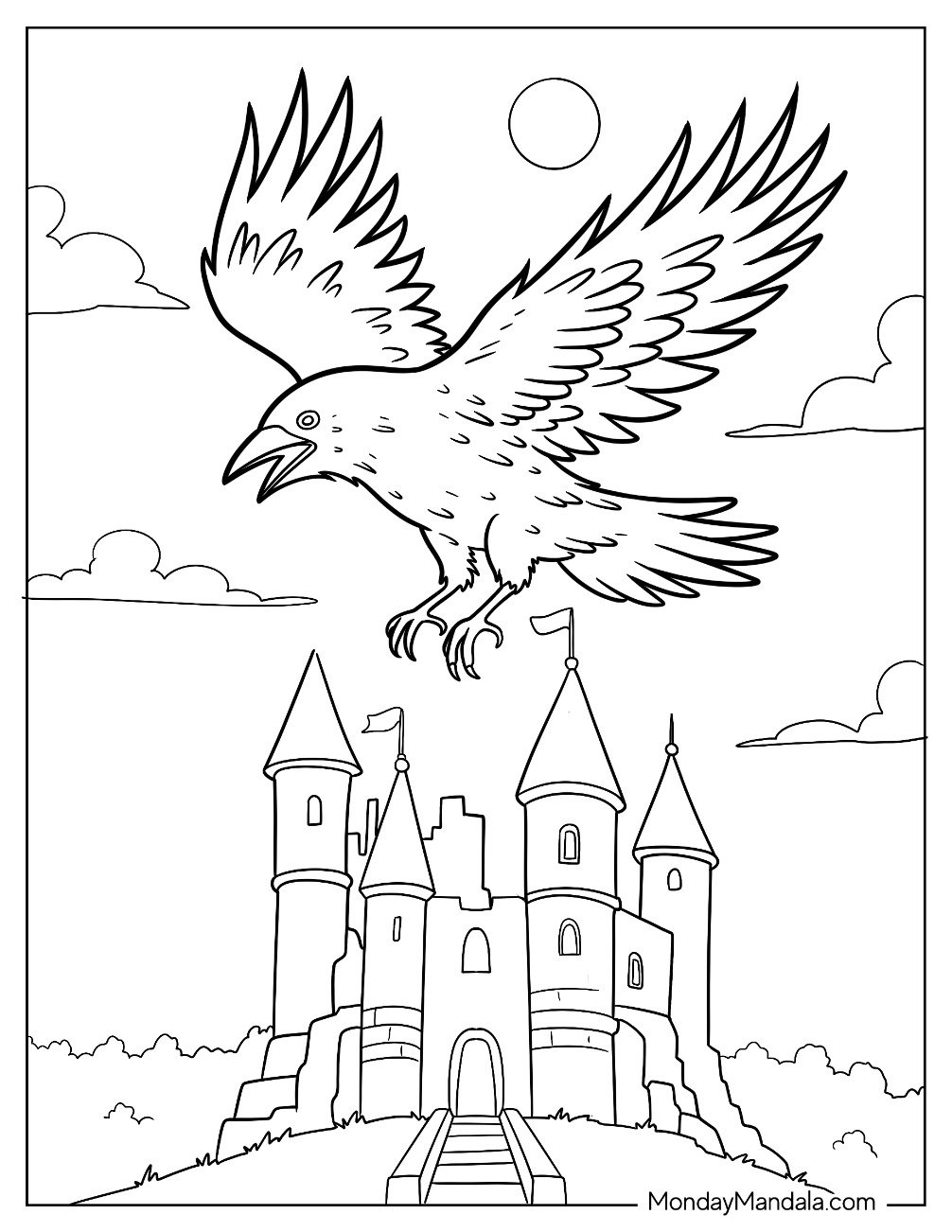 Large Raven Coloring Page Flying Over A Medieval Castle