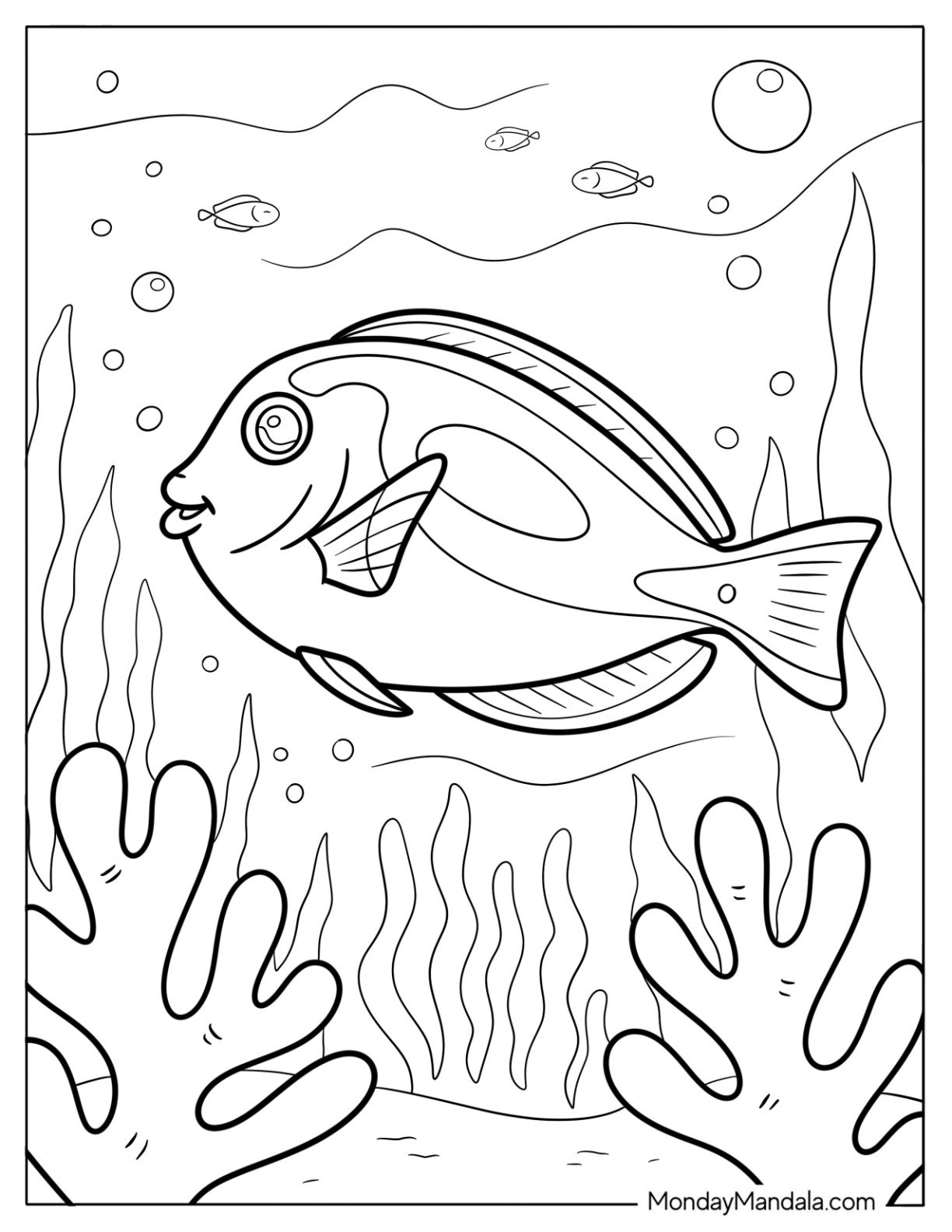 Large Reef Fish Surrounded by Sea Plants and Tiny Fish Coloring Page
