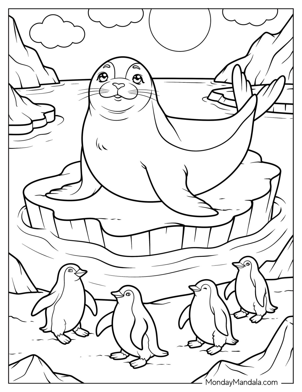 Large Seal Coloring Page on Ice Surrounded by Penguins