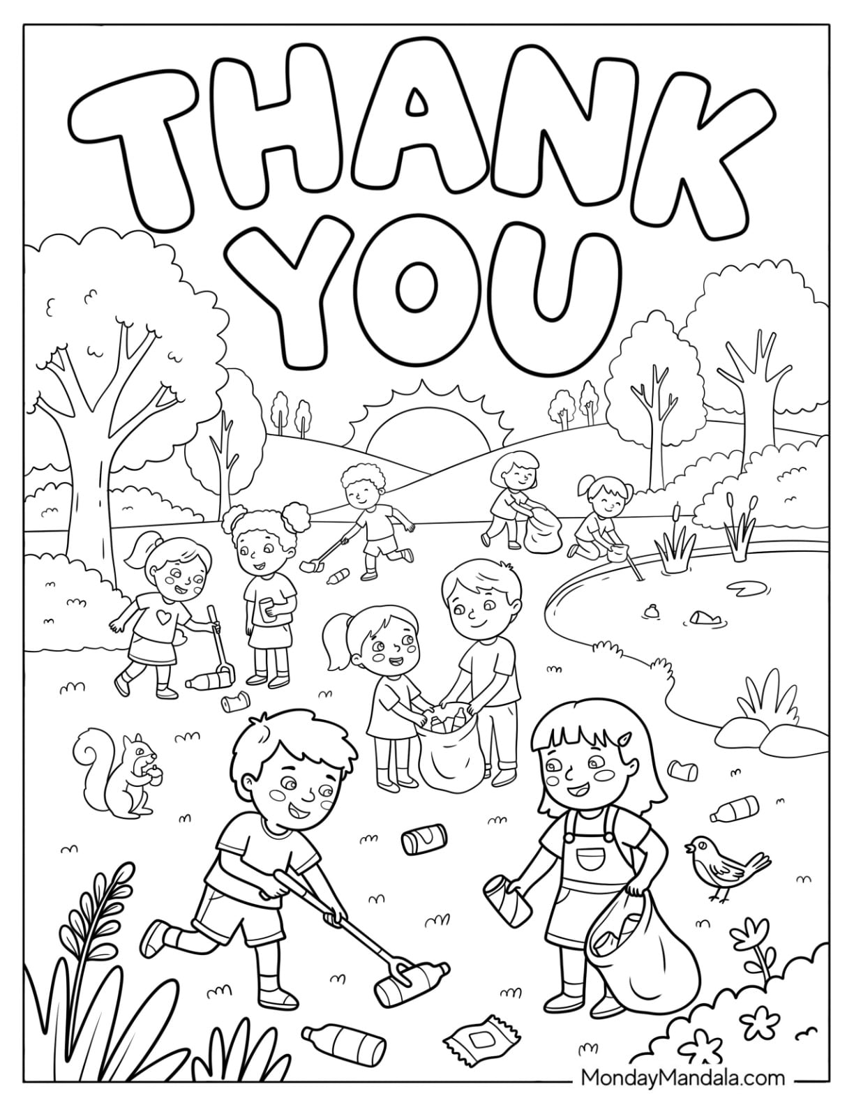 Large Thank You Over Kids Cleaning Up a Park