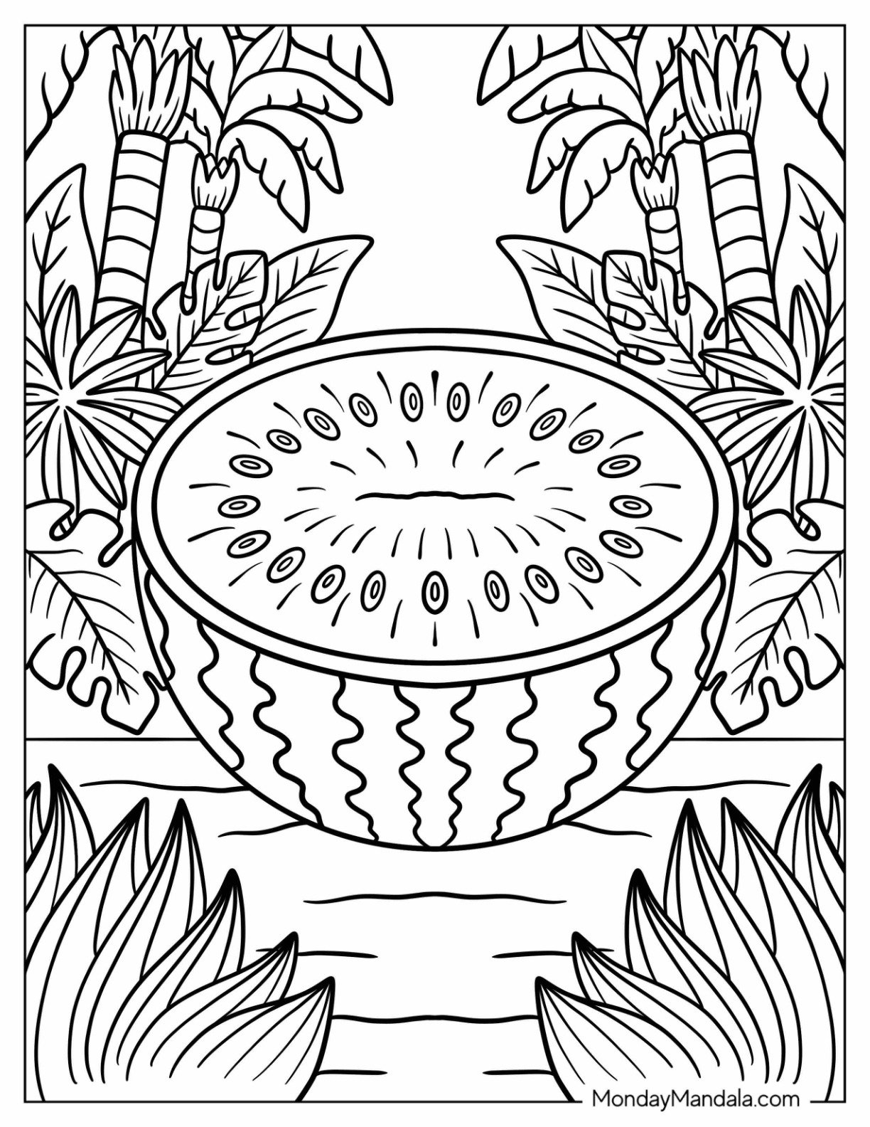 Large Watermelon Coloring Page Surrounded by Palm Leaves and Tropical Plants