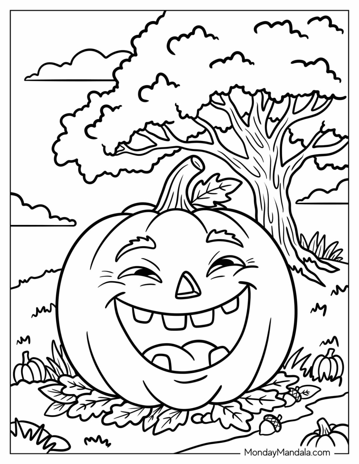 Laughing Jack O’ Lantern Beneath a Large Tree Coloring Sheet