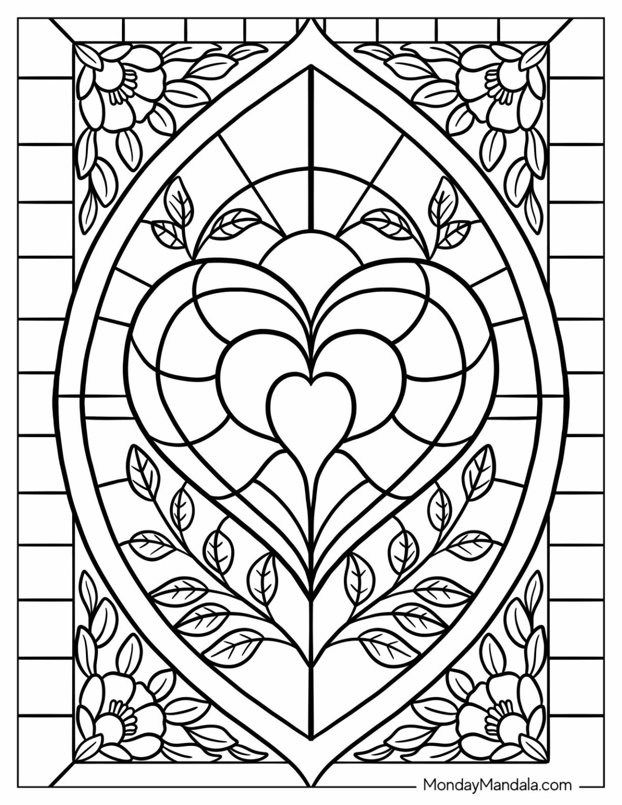 Layered Hearts with Leaves and Floral Border in a Romantic Stained Glass Coloring Page for Kids