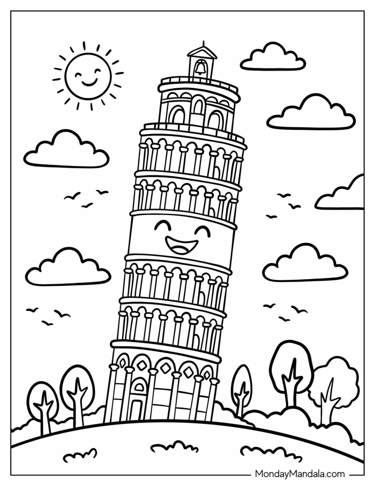 Italy Coloring Page of Leaning Tower of Pisa with Smiling Sun for Kids