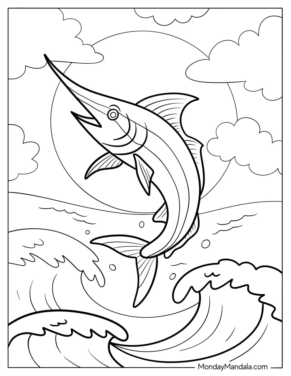 Fish Coloring Page of Leaping Marlin in Rough Sea with Big Waves