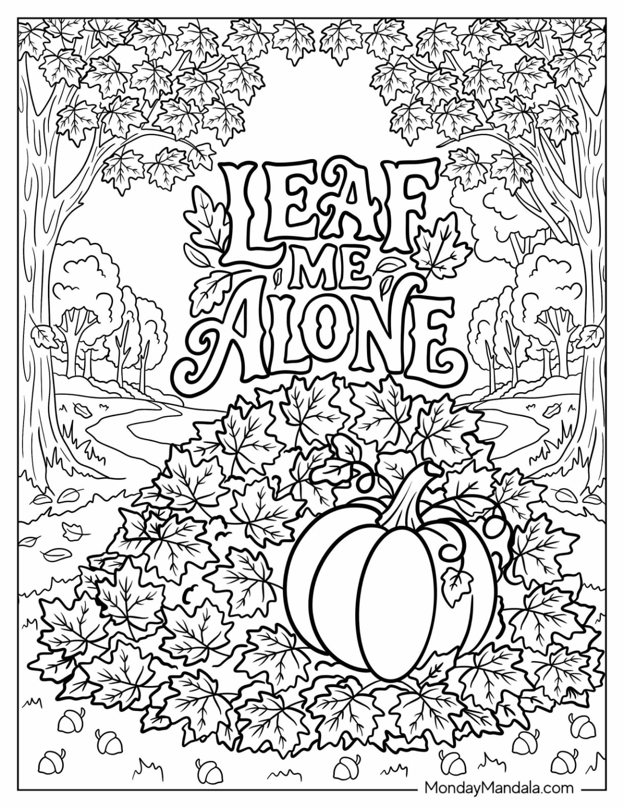 “Leave Me Alone” Pumpkin and Autumn Leaves in a Forest Coloring Page for Adults