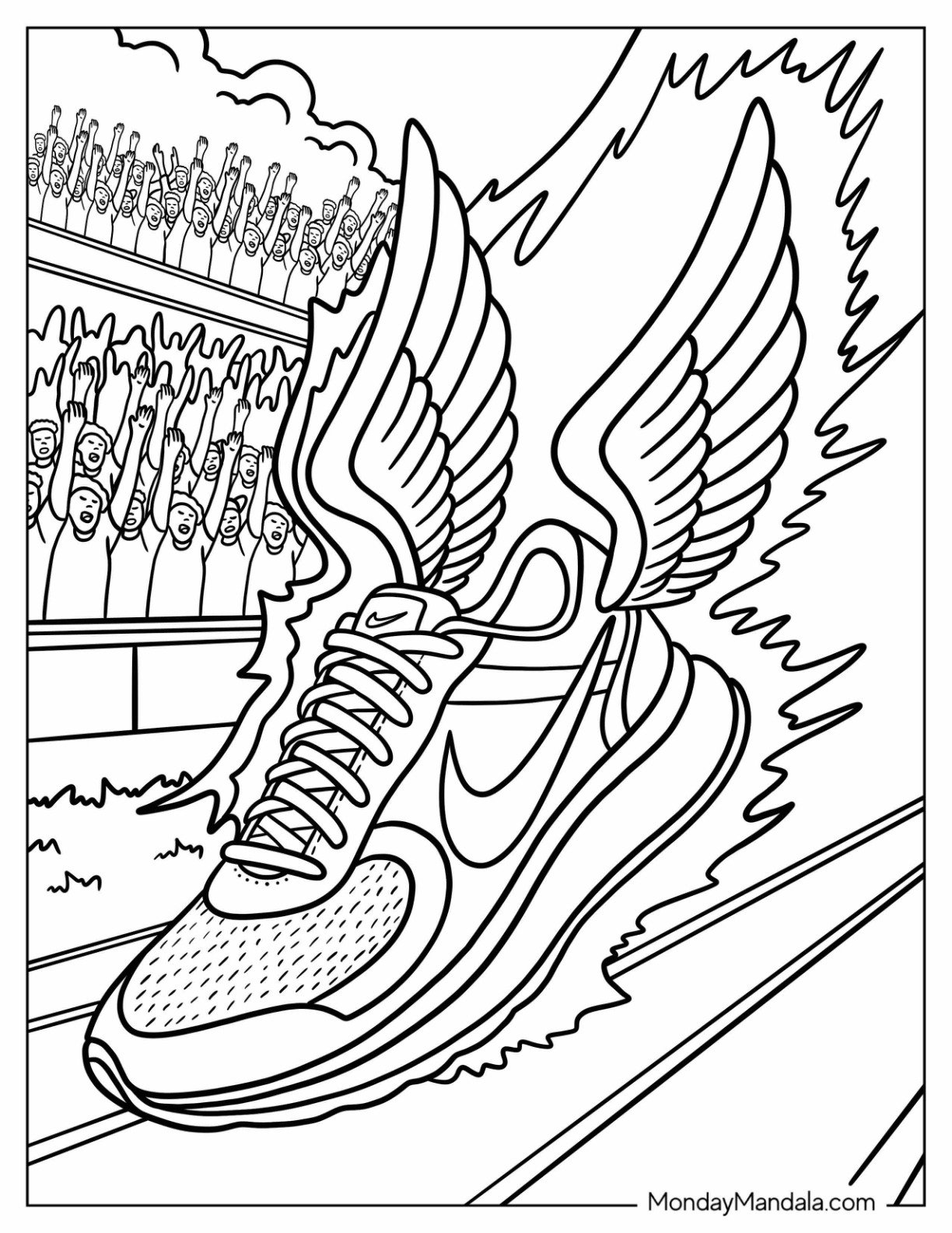Legendary Nike Coloring Page Winged Shoe Racing Past Cheering Crowds