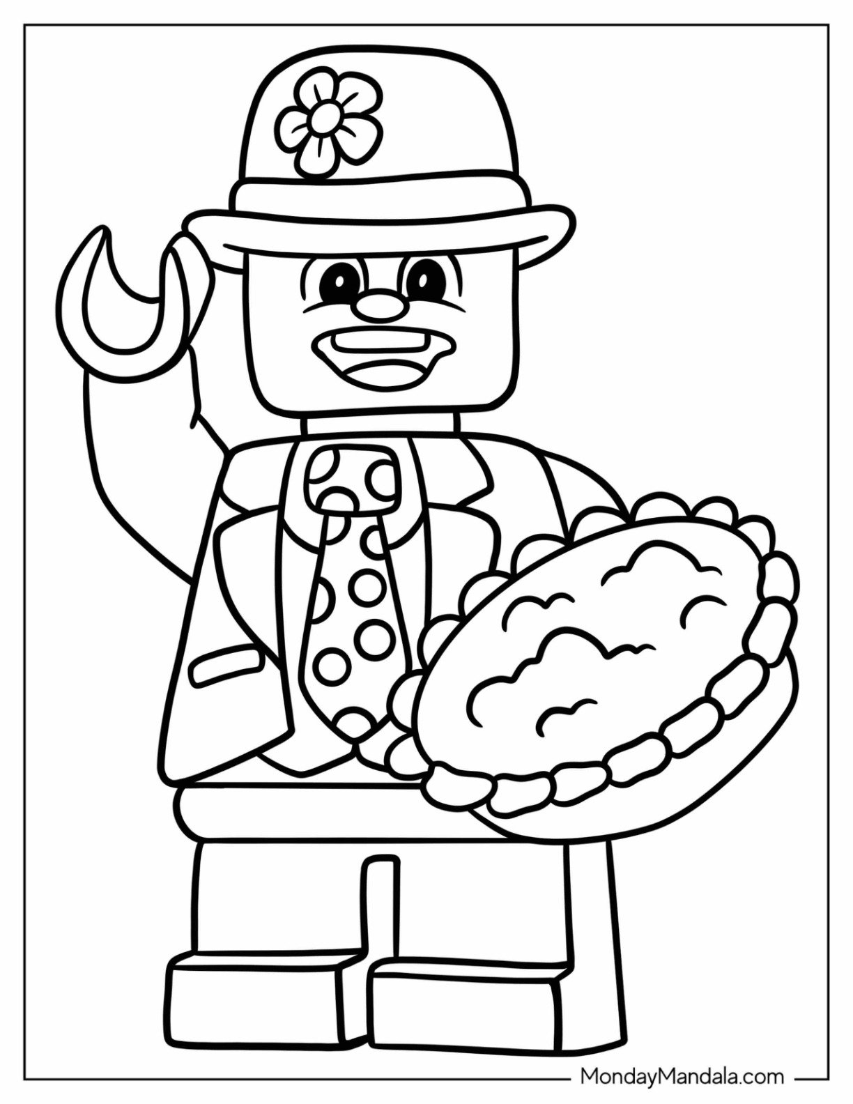 Lego Clown Coloring Page With Polka Dot Tie Holding A Large Pie For Kids