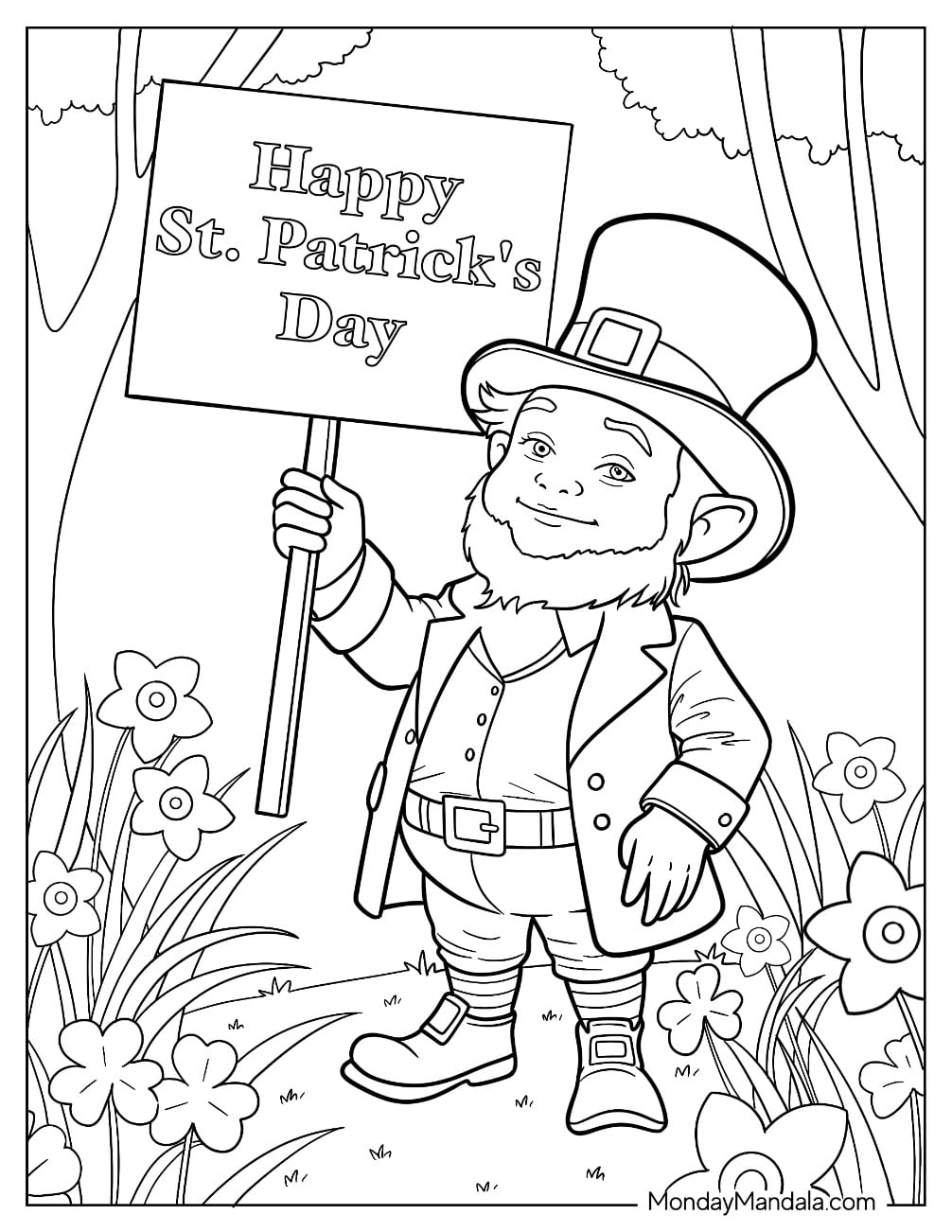 Leprechaun Coloring Page Holding Happy St. Patrick s Day Sign