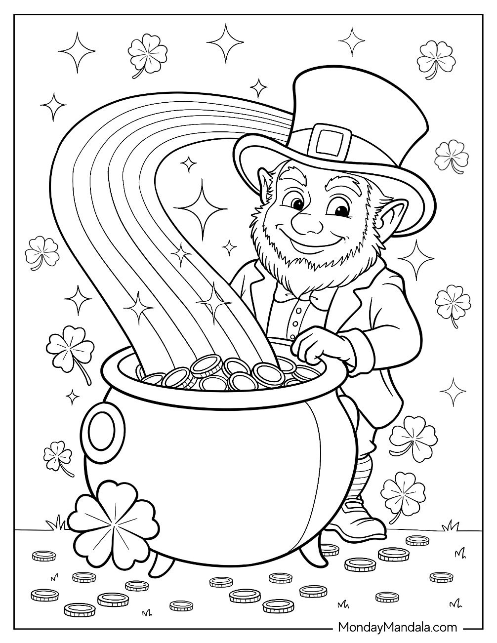 Leprechaun Coloring Page Holding Pot Of Gold At The End Of A Rainbow