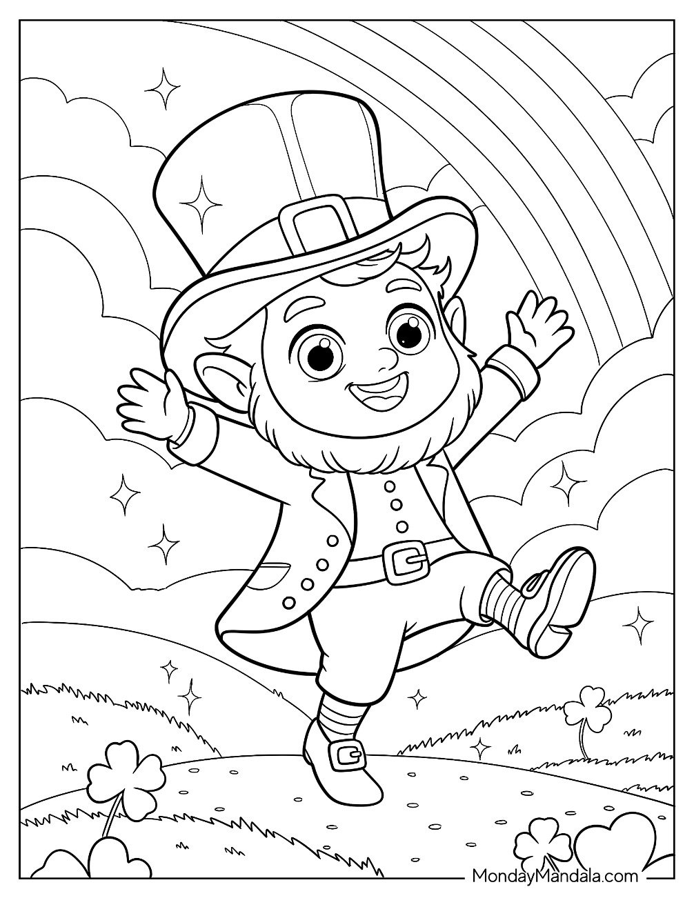 Leprechaun Coloring Page Skipping In A Clover Field