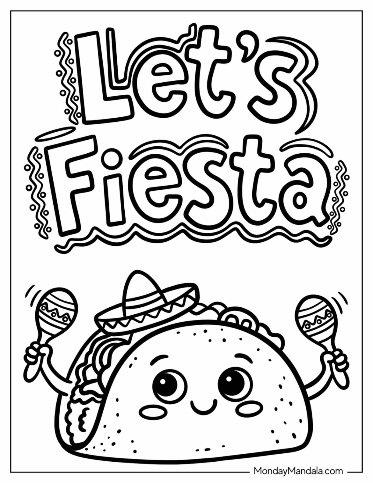Let’s Fiesta Taco with Maracas Coloring Page for Preschoolers
