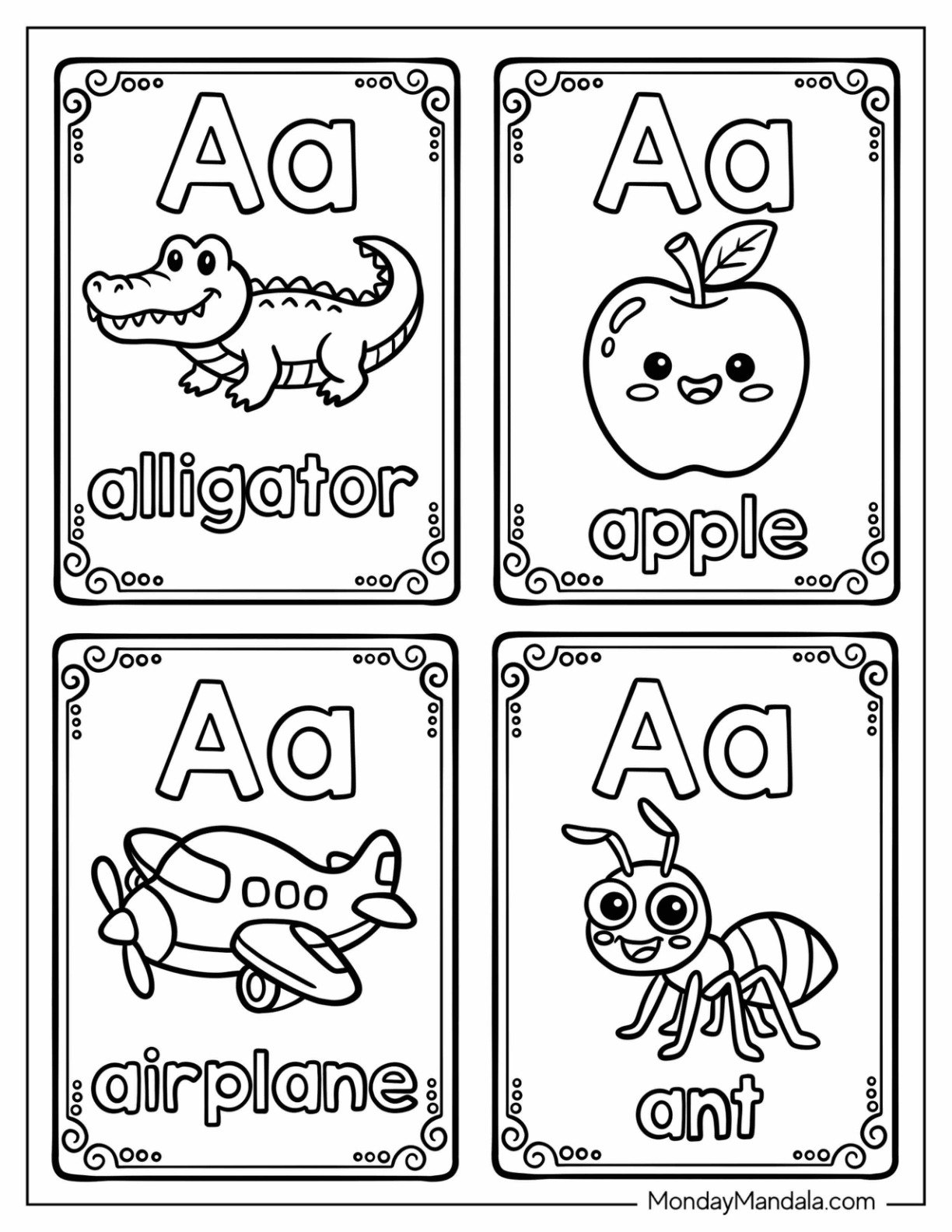 Letter A Coloring Page Cards With Alligator, Apple, Airplane and Ant for Kids
