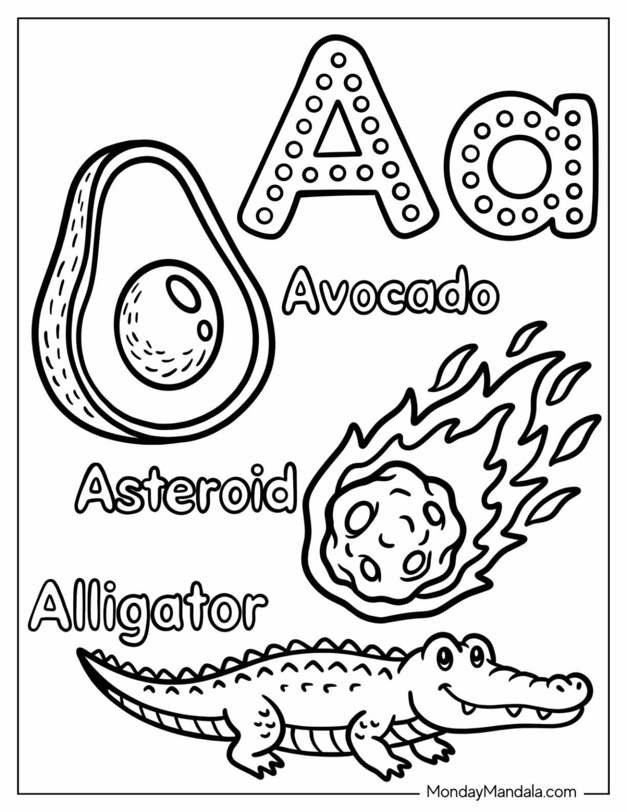 Letter A Coloring Page is for Alligator, Asteroid, and Avocado
