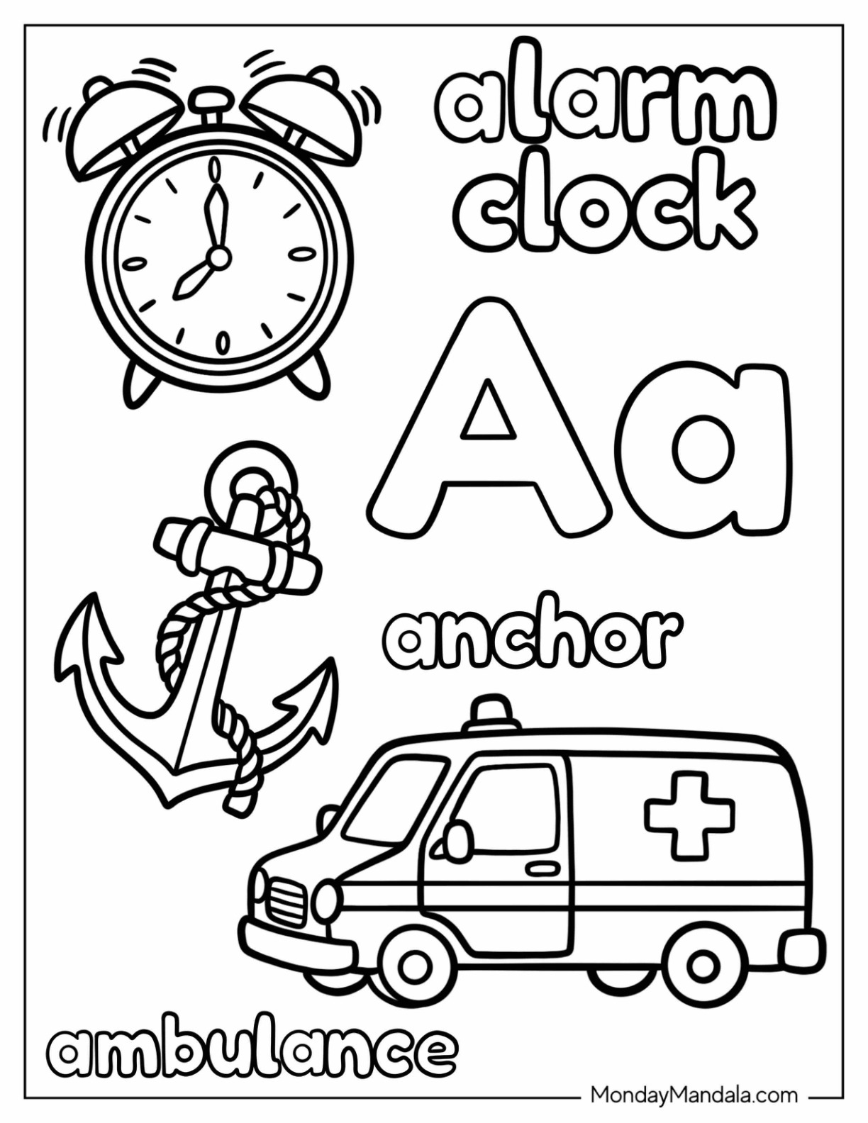 Letter A Coloring Page is for Ambulance, Alarm Clock, and Anchor