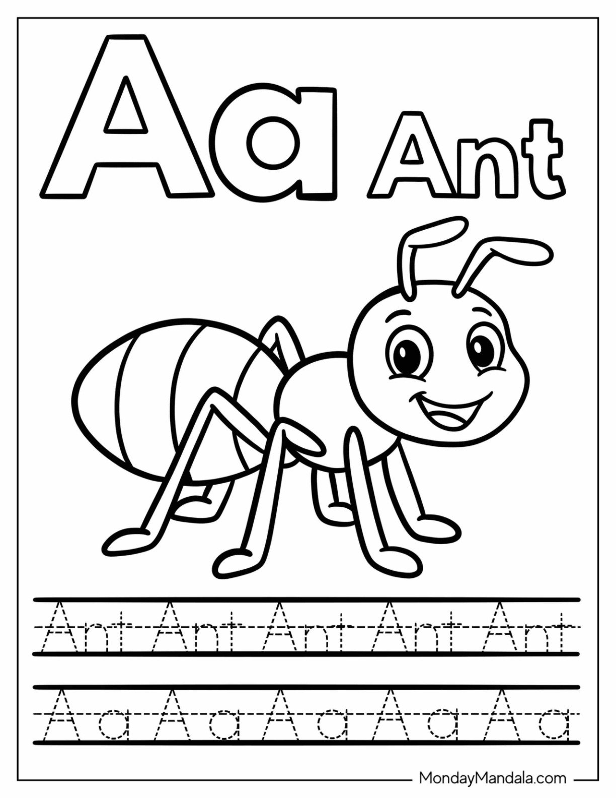 Letter A Coloring Page is for Ant Traceable Worksheet for Kids