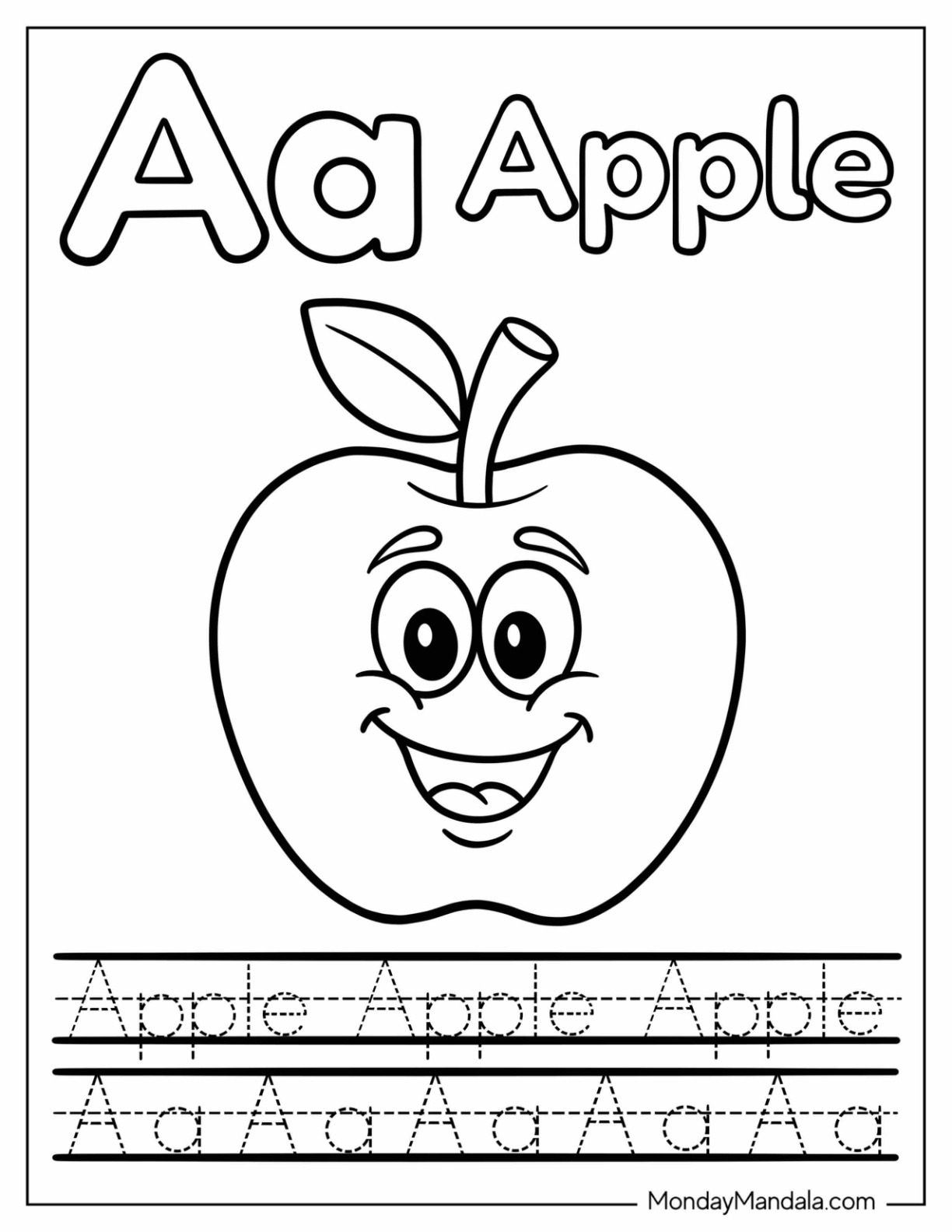 Letter A Coloring Page is for Apple Traceable Worksheet