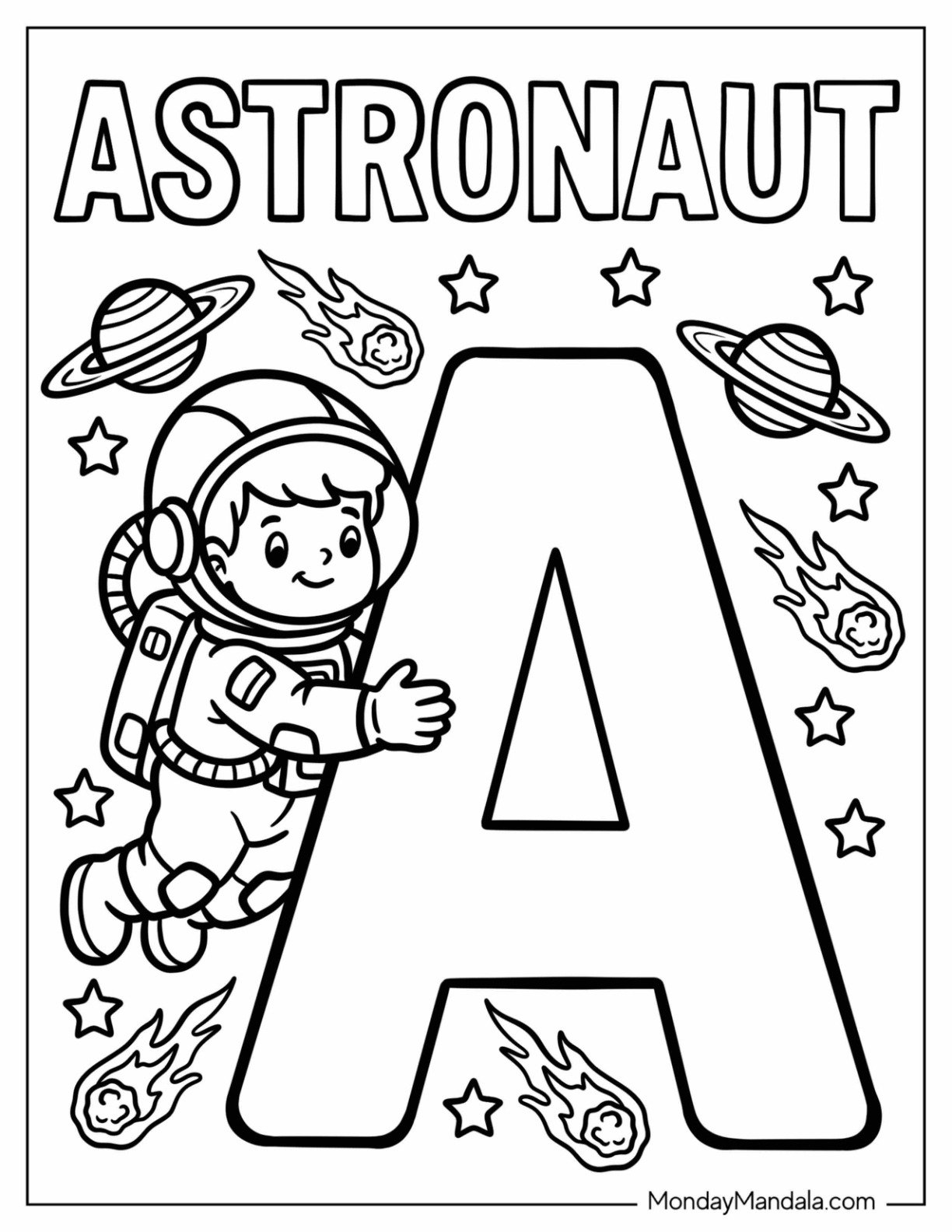 Letter A Coloring Page is for Astronaut in Outer Space