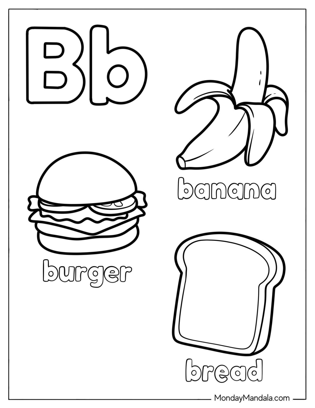 Letter B Coloring Page is for Banana, Burger, and Bread