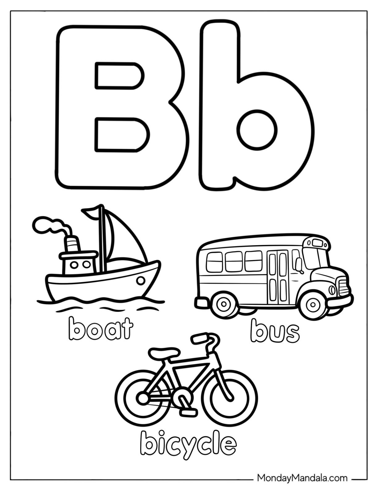 Letter B Coloring Page is for Boat, Bus, and Bicycle for Kids