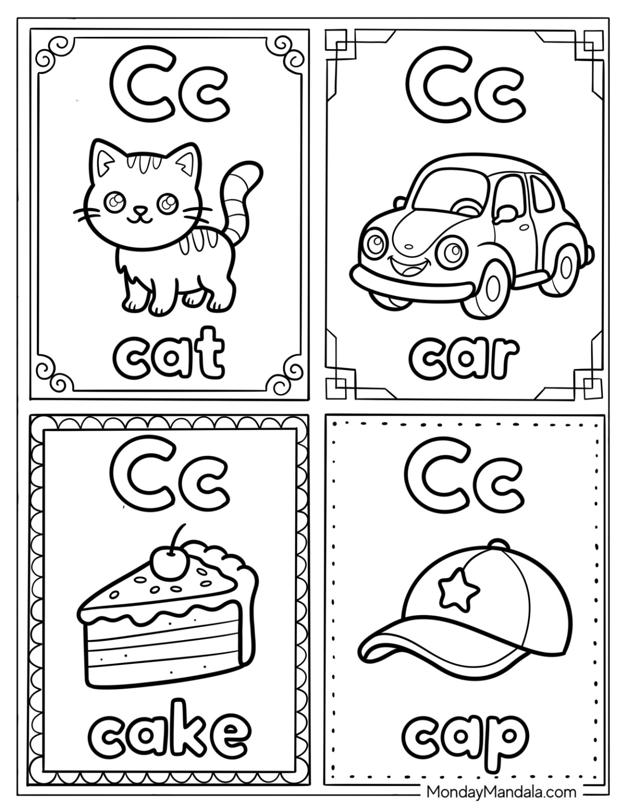 Letter C Coloring Page Flashcard for Cat, Car, Cake, and Cap