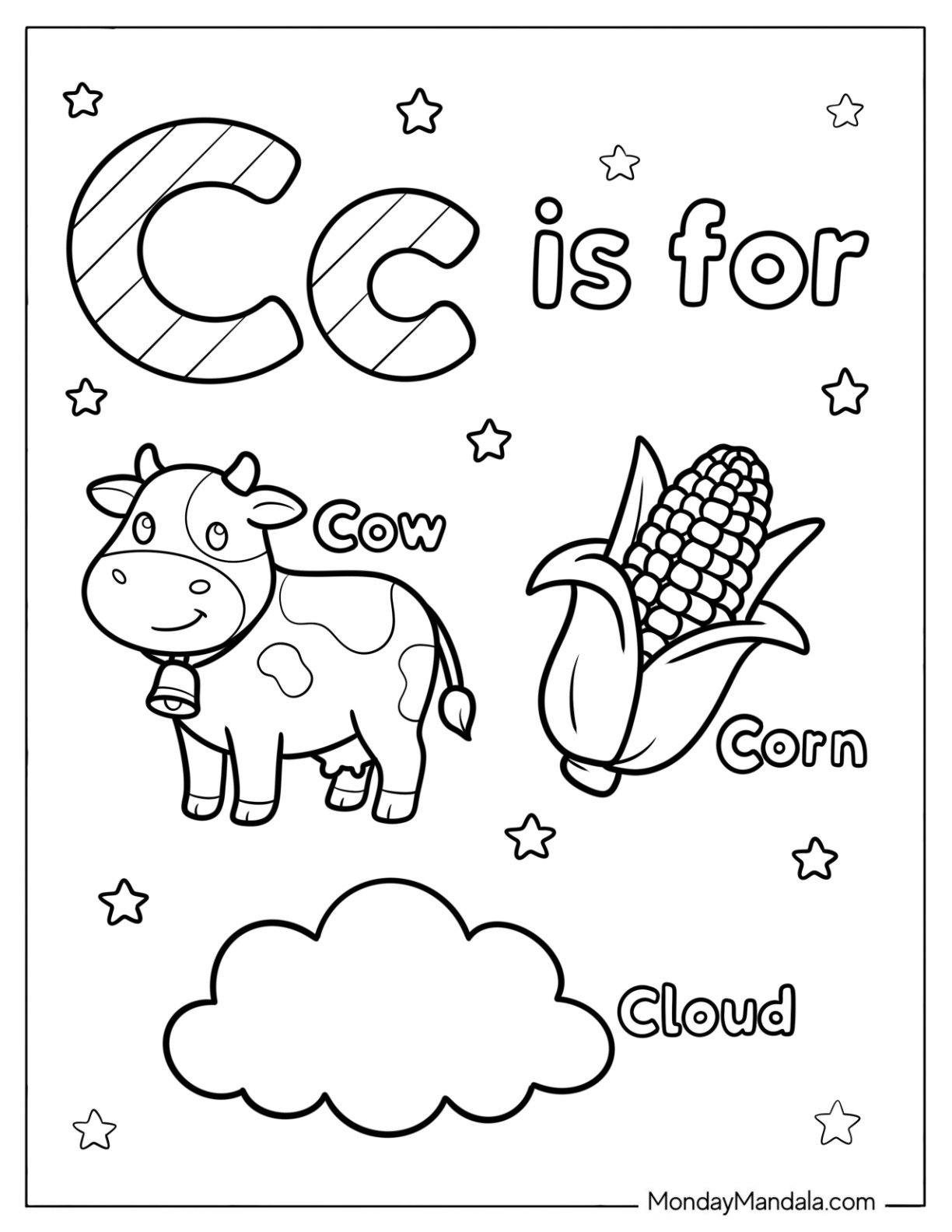 Letter C Coloring Page is for Cow, Corn, and Cloud for Kids