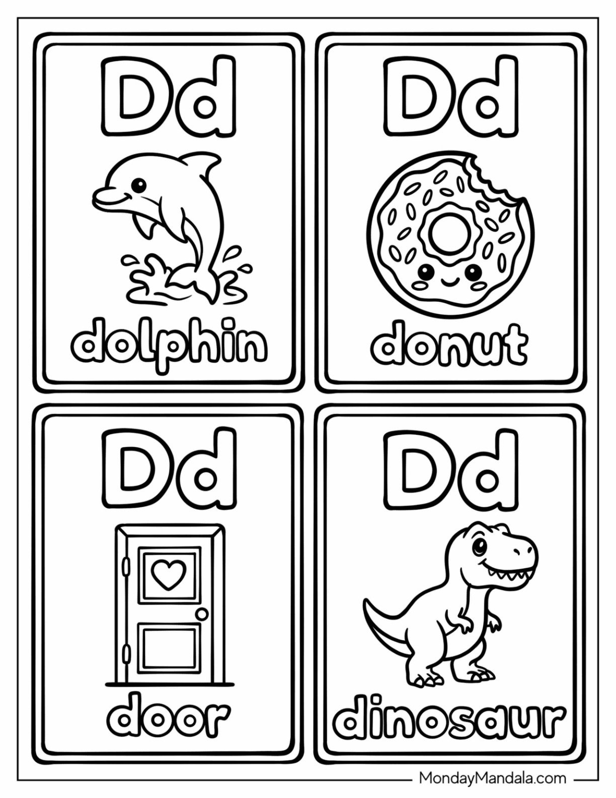 Letter D Coloring Page Flashcard of Dinosaur, Door, Dolphin, and Donut