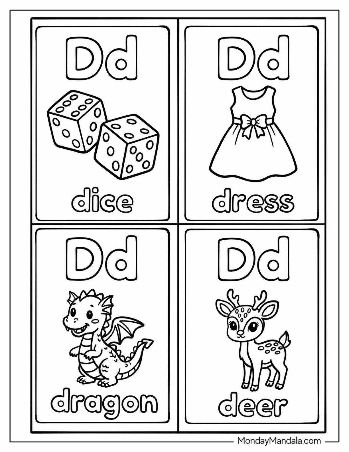 Letter D Coloring Page Flashcard with Deer, Dragon, Dress, and Dice