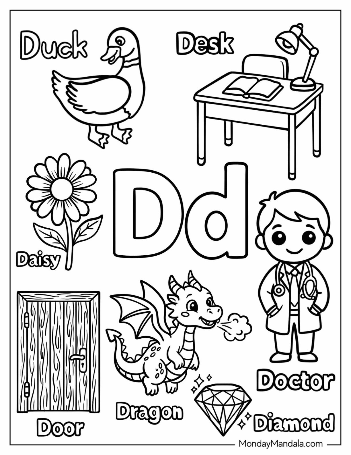 Letter D Coloring Page is for Daisy, Duck, Desk, Doctor, and Dragon