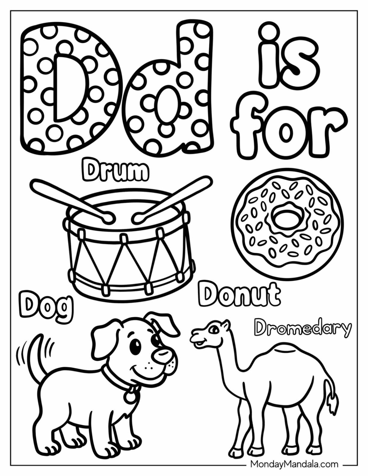 Letter D Coloring Page is for Drum, Donut, Dog, and Dromedary