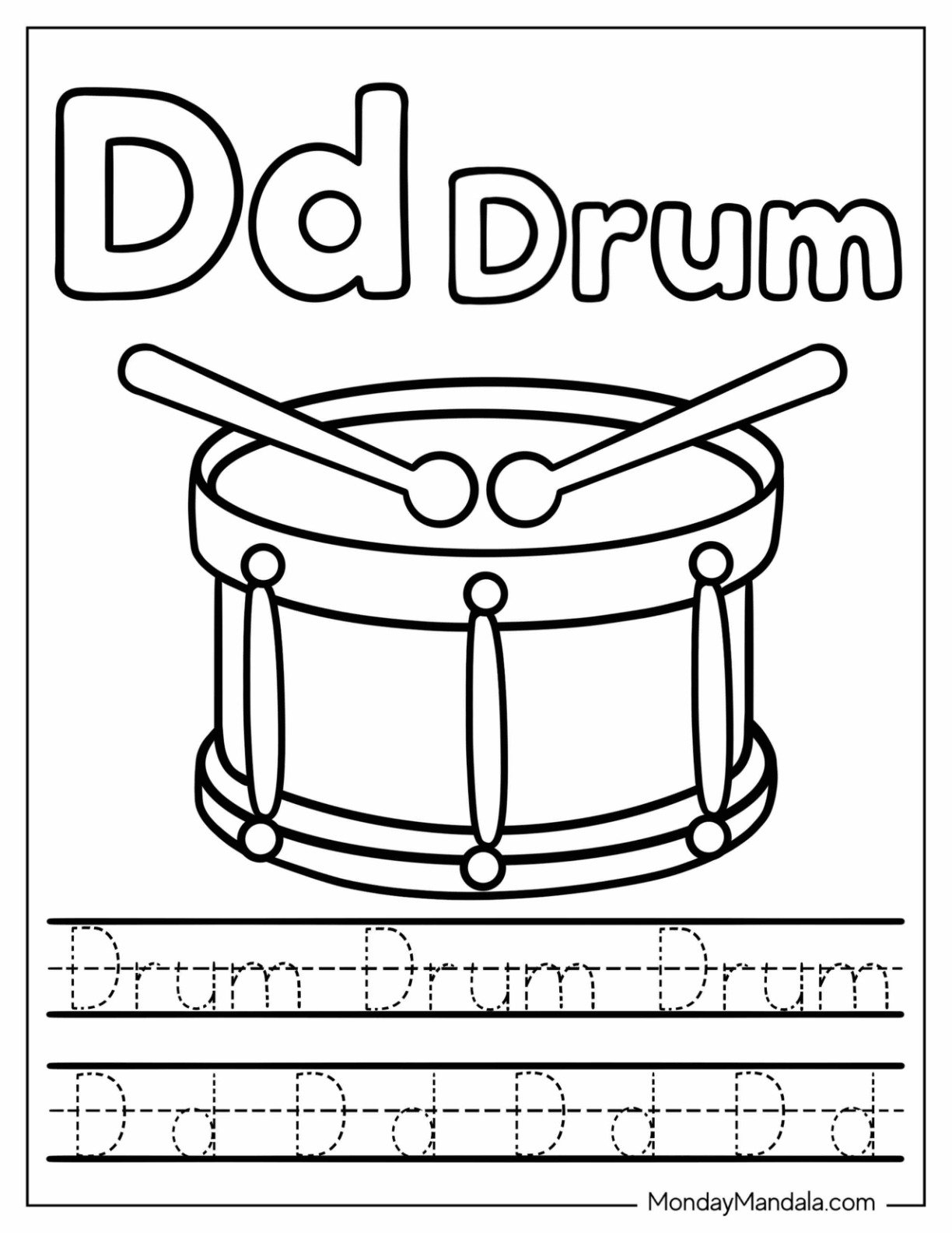 Letter D Coloring Page is for Drum Traceable Worksheet