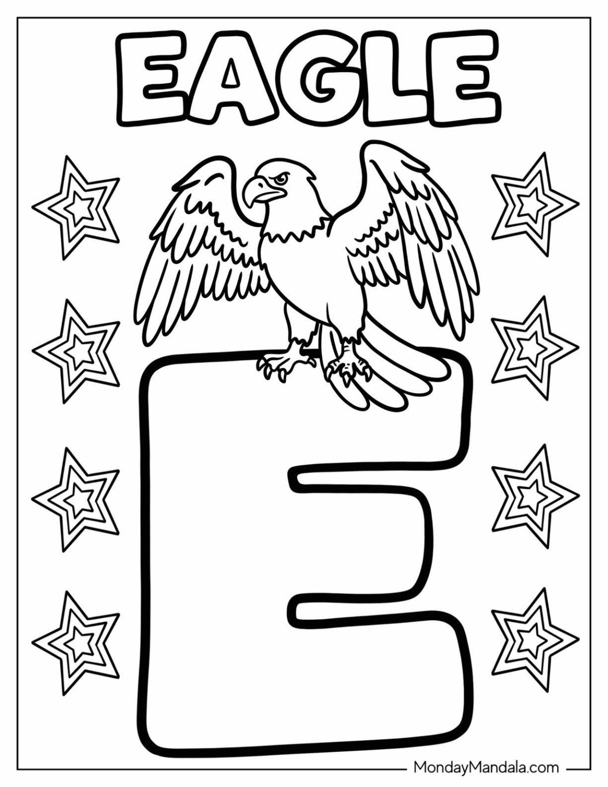 Letter E Coloring Page is for Eagle with Stars for Kids