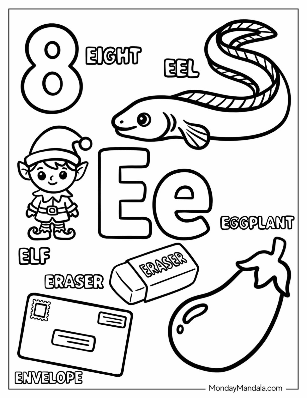 Letter E Coloring Page is for Eight, Eel, Elf, Eraser, Eggplant, and Envelope