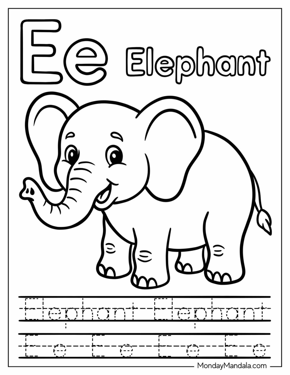 Letter E Coloring Page is for Elephant Traceable Worksheet for Kids