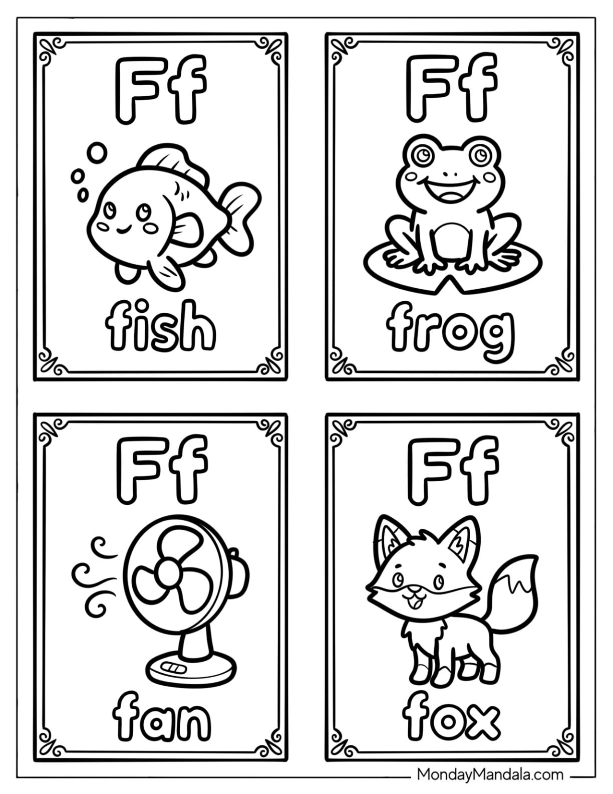 Letter F Coloring Page Cards with Fish, Frog, Fan, and Fox