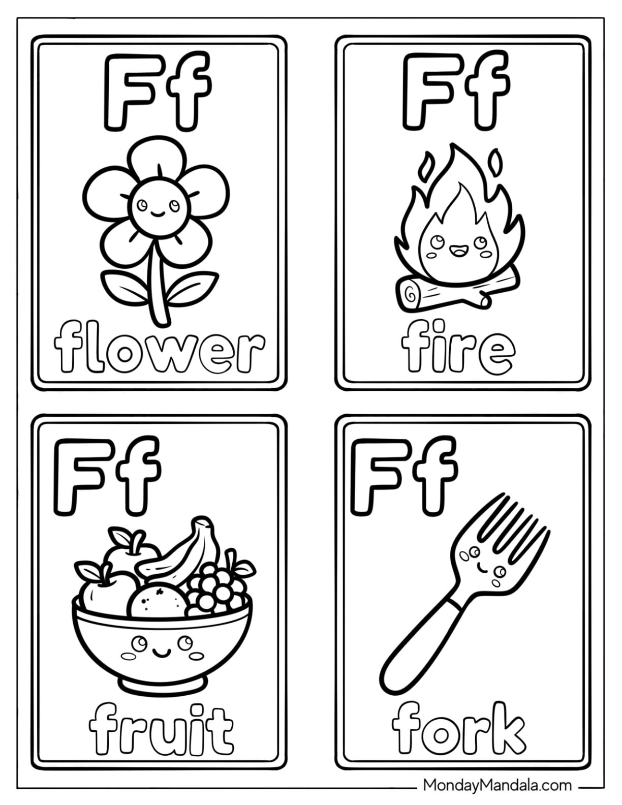 Letter F Coloring Page Flashcard with Flower, Fire, Fruit, and Fork