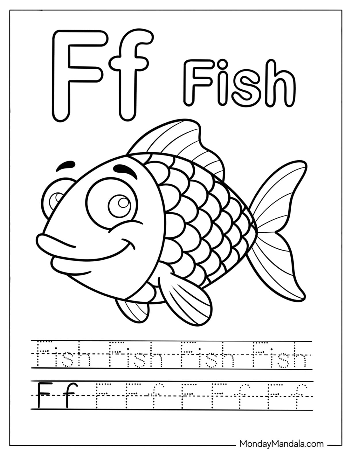 Letter F Coloring Page is for Fish Traceable Worksheet